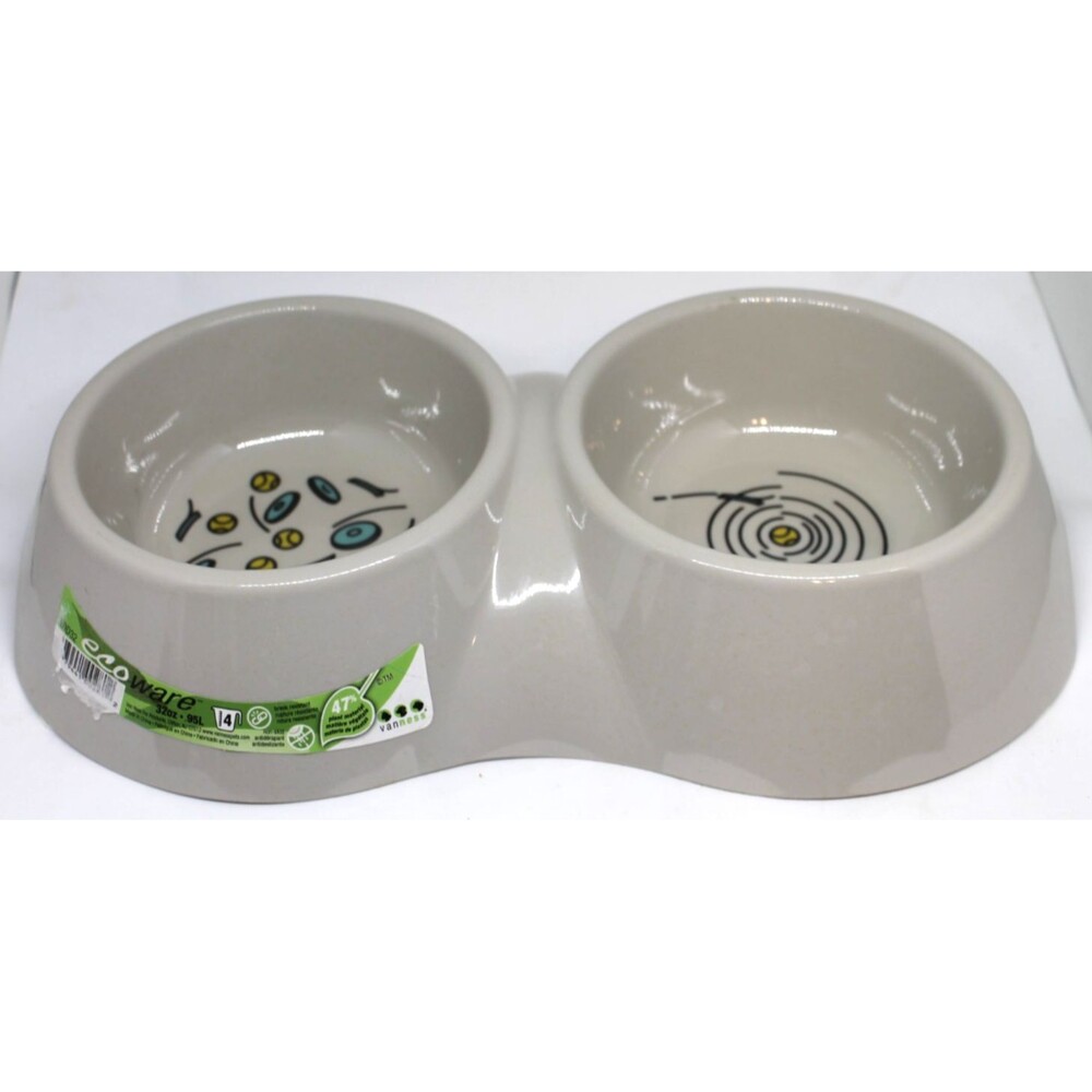VanNess Ecoware Bamboo Double Cat Dish 16 oz - 12” x 7” Heavy Duty Non-Skid Gray